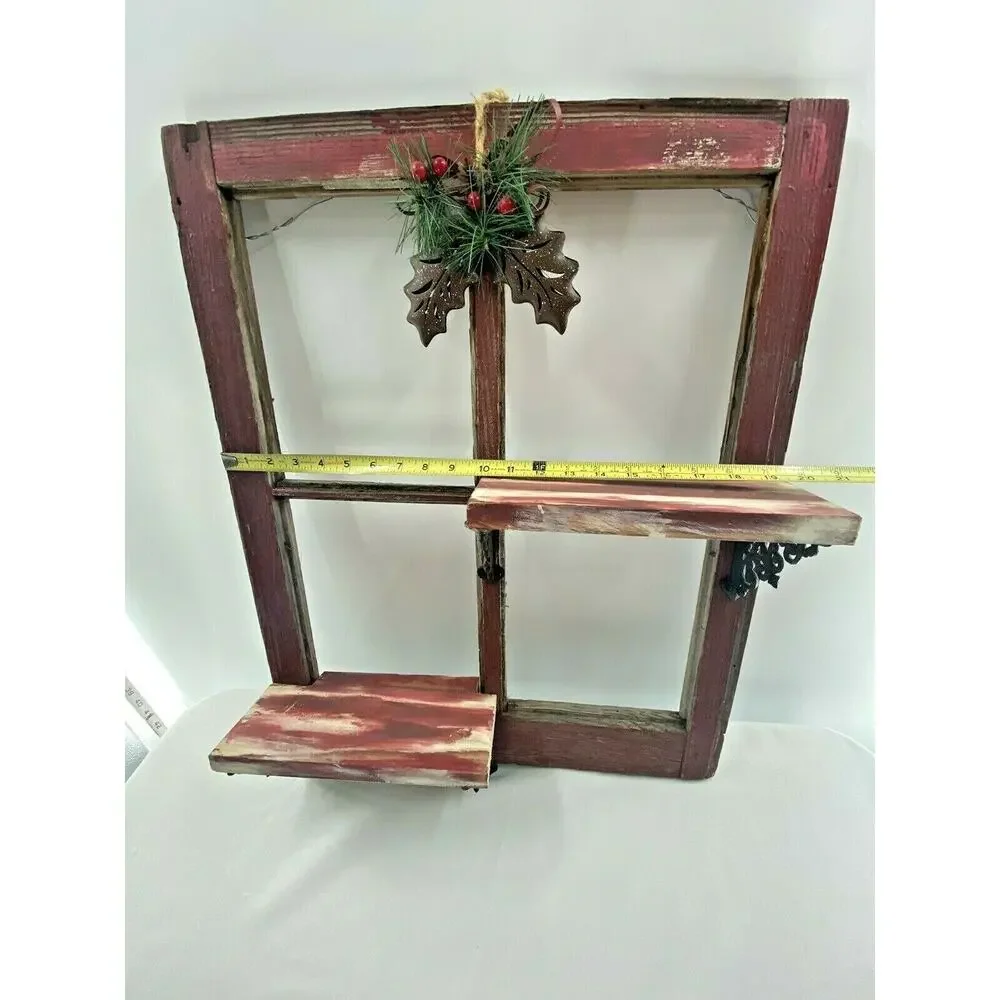 Vintage Red Barn Wood 4 Pane Window Wall Shelf Christmas Hollyberry Shadow Box